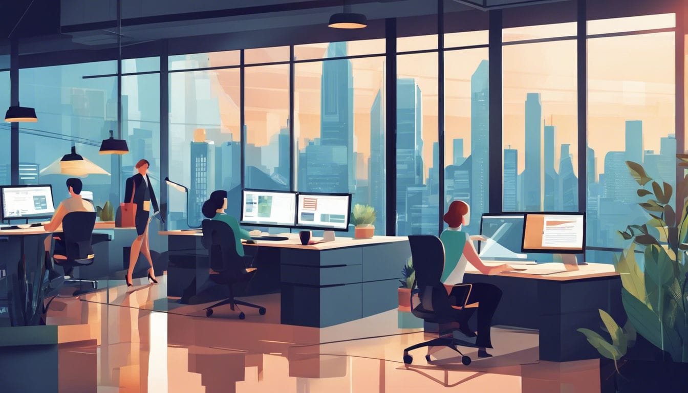Een moderne kantoorruimte met diverse werknemers en stadsgezicht.