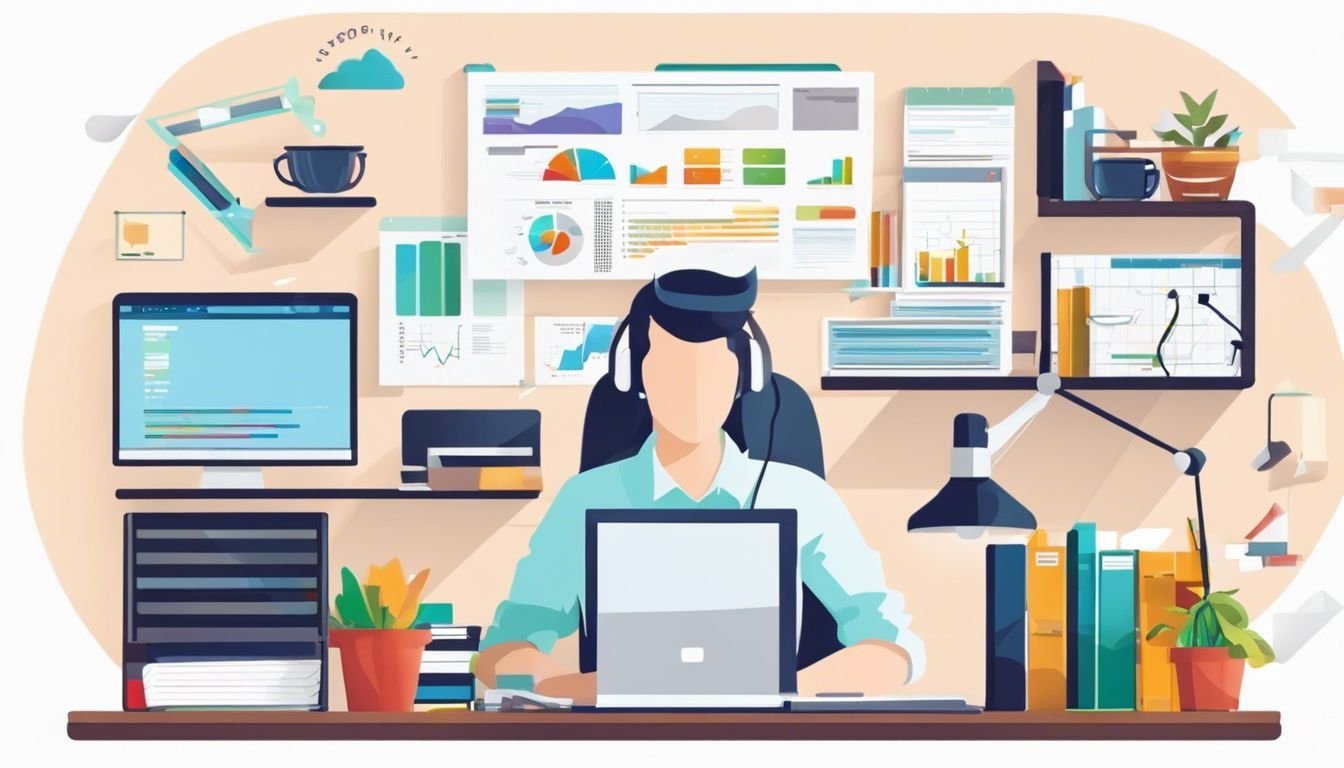 Een freelancer werkt geconcentreerd omringd door verschillende boekhoudsoftware in een rustige, georganiseerde kantoorruimte.