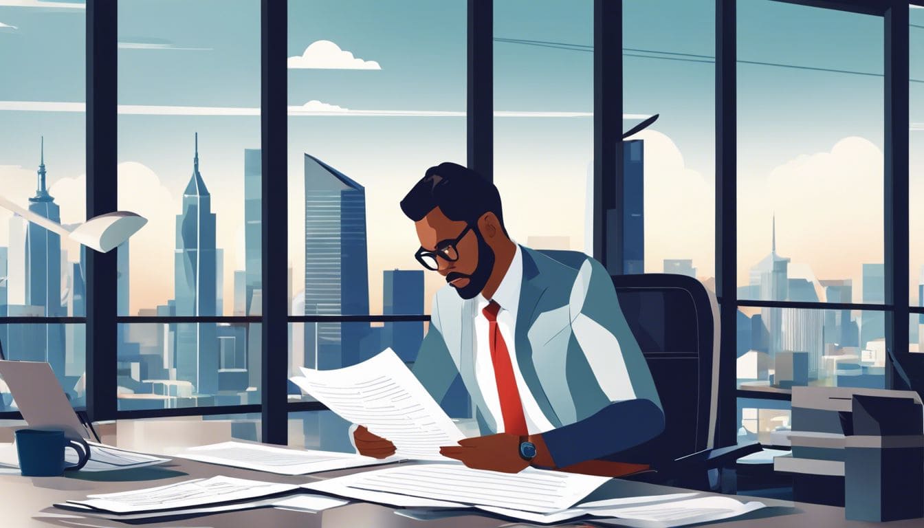 Een individu bestudeert financi&euml;le documenten in een modern kantoor met stadsgezicht.