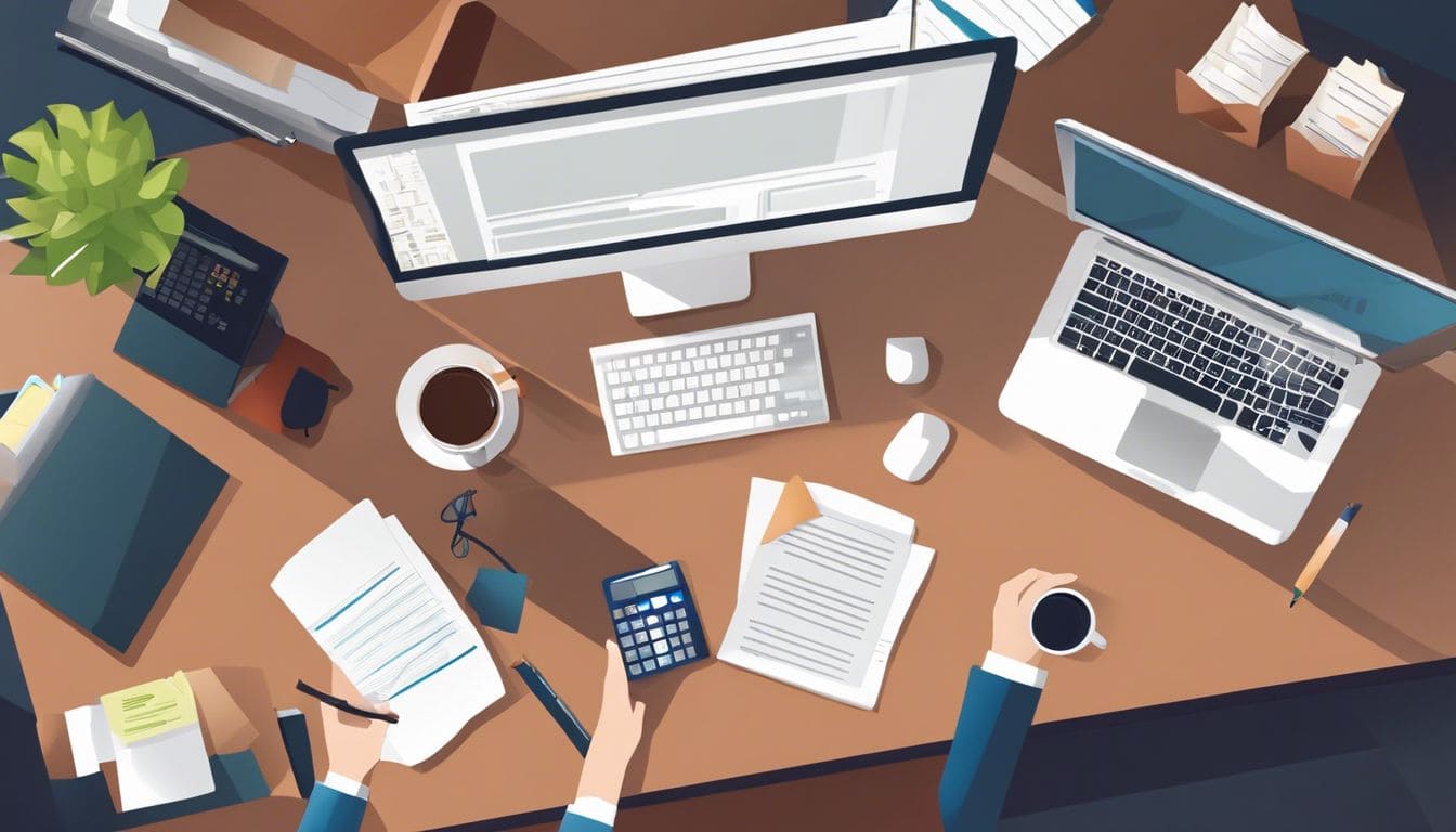 Iemand organiseert documenten op een bureau met calculator en laptop. Iemand organiseert documenten op een bureau met calculator en laptop.
