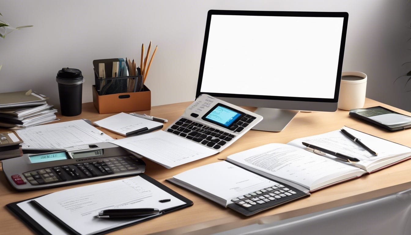Een opgeruimd bureau met rekenmachine, agenda en financi&euml;le documenten.
