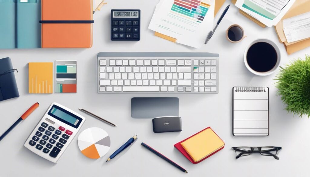 Een opgeruimd bureau met belastingdocumenten en rekenmachines omringd door kantoorbenodigdheden.