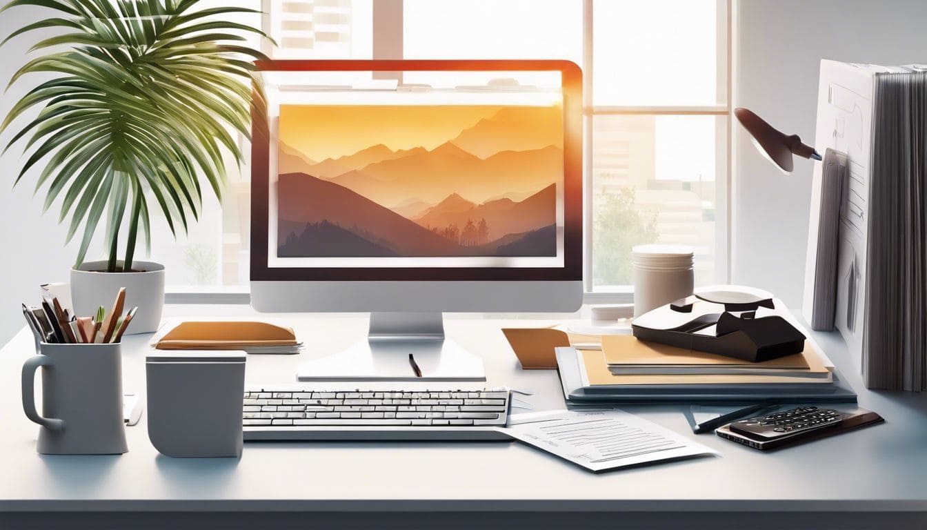 Een georganiseerd bureau met financiële documenten en kantoorbenodigdheden. Een georganiseerd bureau met financiële documenten en kantoorbenodigdheden.