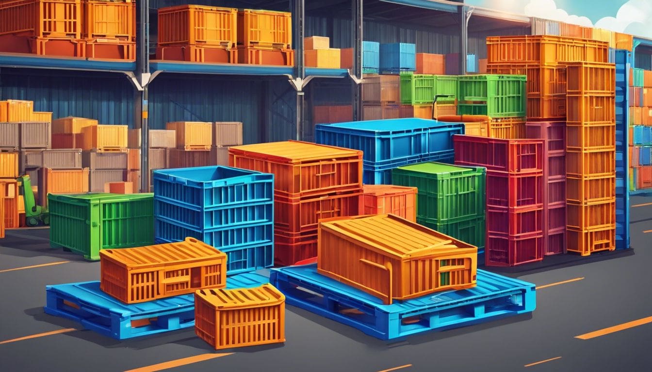 Een stapel duurzame plastic kratten in een magazijn, omringd door logistieke en transportapparatuur.