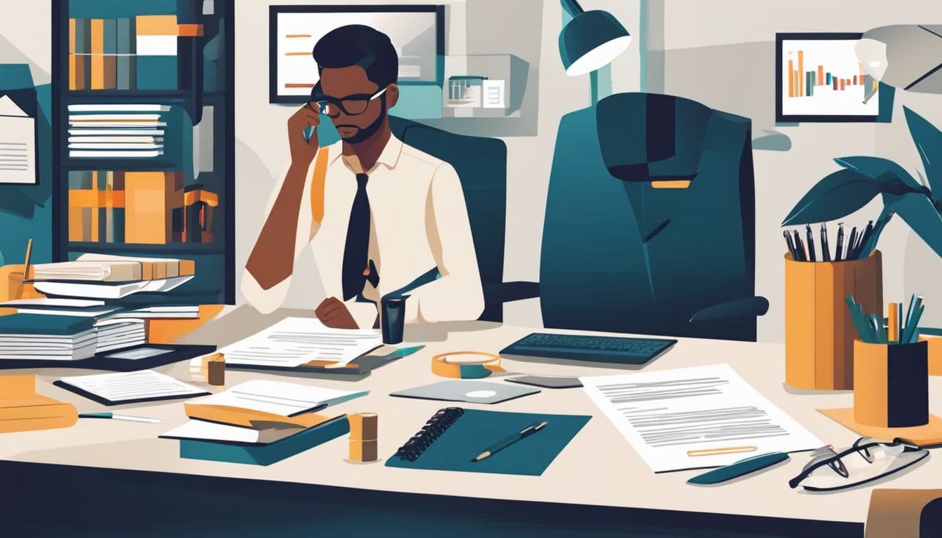 Een persoon bereidt zich voor op een zakelijke presentatie in een kantoorsetting.