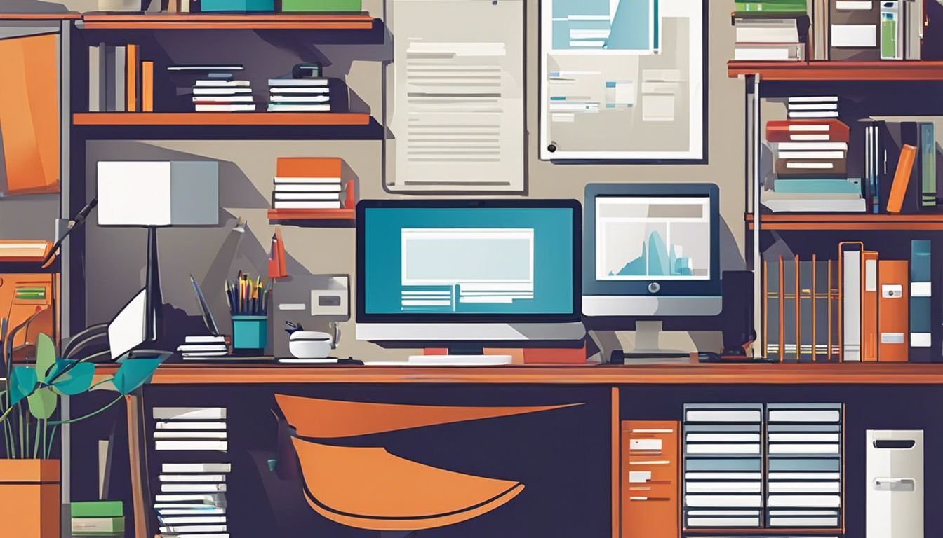 Een bureau met computer, kantoorbenodigdheden en stadsfotografie in flat design.