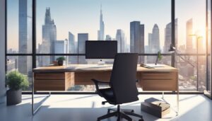 Moderne kantoorwerkplek met computer, calculator, financiële documenten en stadsgezicht.