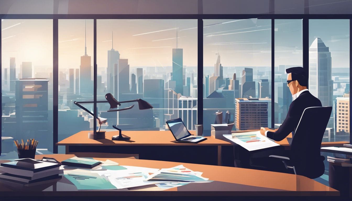 Een ondernemer analyseert financi&euml;le rapporten in een modern kantoor.