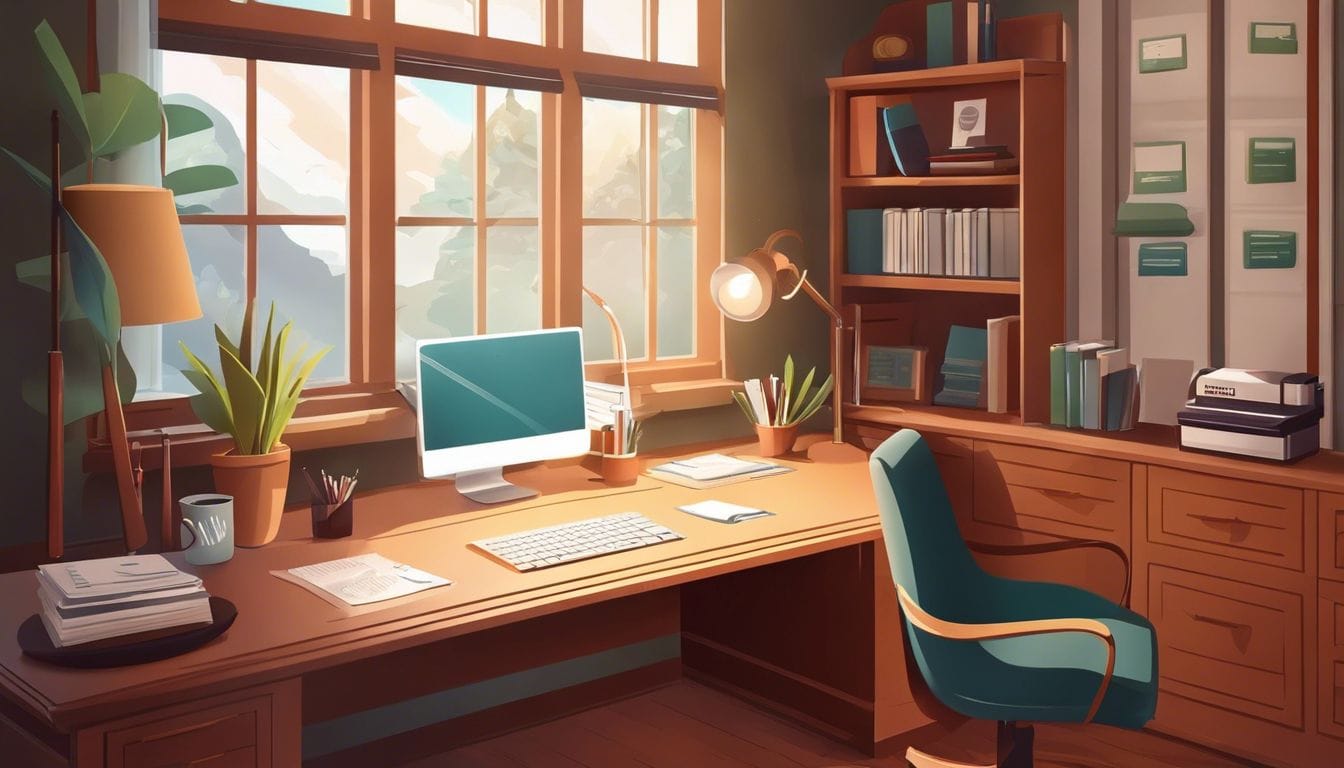 Een goed georganiseerd thuiskantoor met financi&euml;le documenten en comfortabele sfeer.