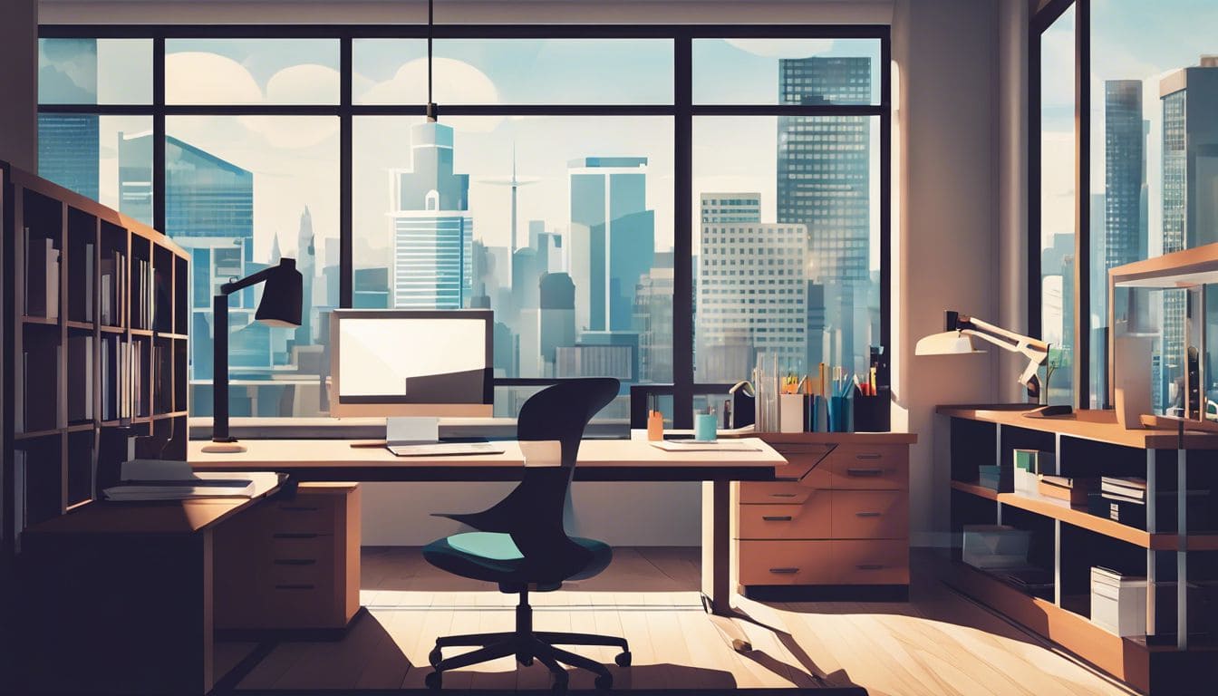 Een georganiseerd kantoor met computer, archiefkasten en kantoorbenodigdheden, met uitzicht op de stad.