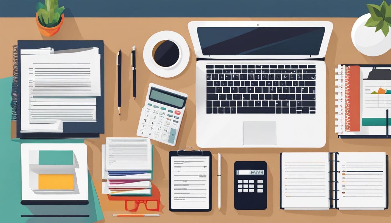 Een goed georganiseerd bureau met boekhoudkundige boeken en financi&euml;le documenten.