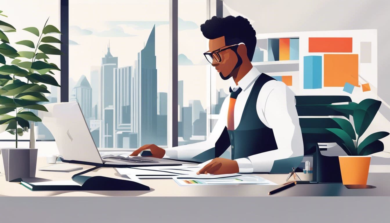 Persoon gebruikt Bookkeeping Essentials software op modern kantoor. Persoon gebruikt Bookkeeping Essentials software op modern kantoor.