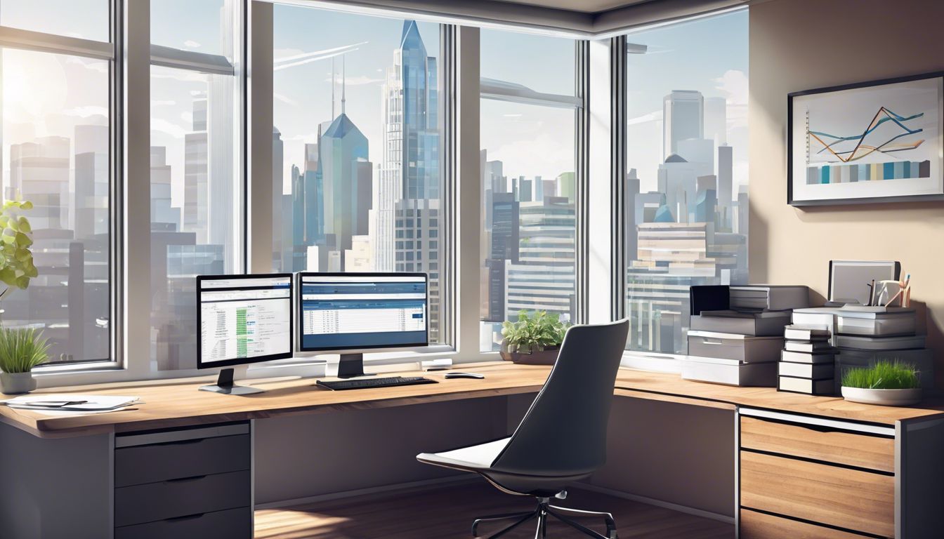 Een moderne kantoorwerkplek met boekhoudsoftware en uitzicht op de stad. Een moderne kantoorwerkplek met boekhoudsoftware en uitzicht op de stad.