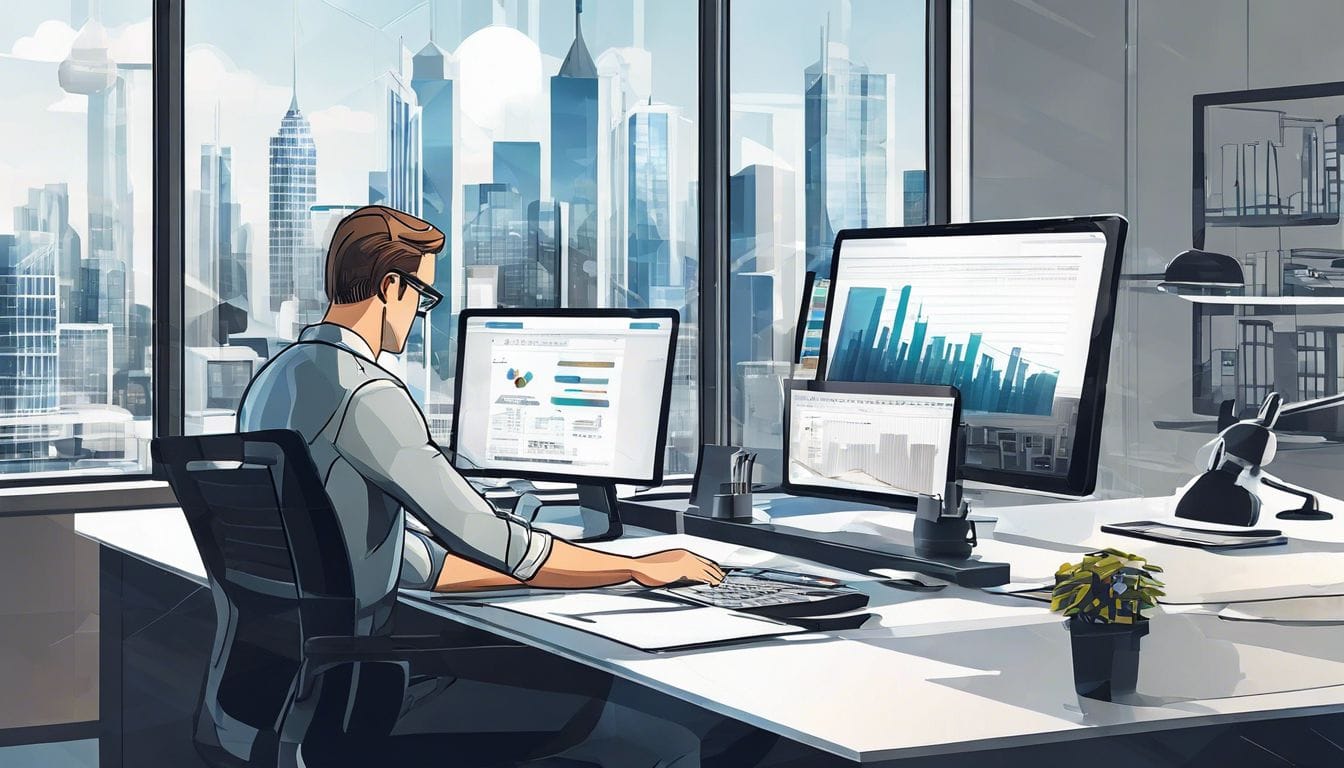 Een technicus werkt zelfverzekerd op een digitaal apparaat in een modern kantoor, omringd door stadsfotografie.