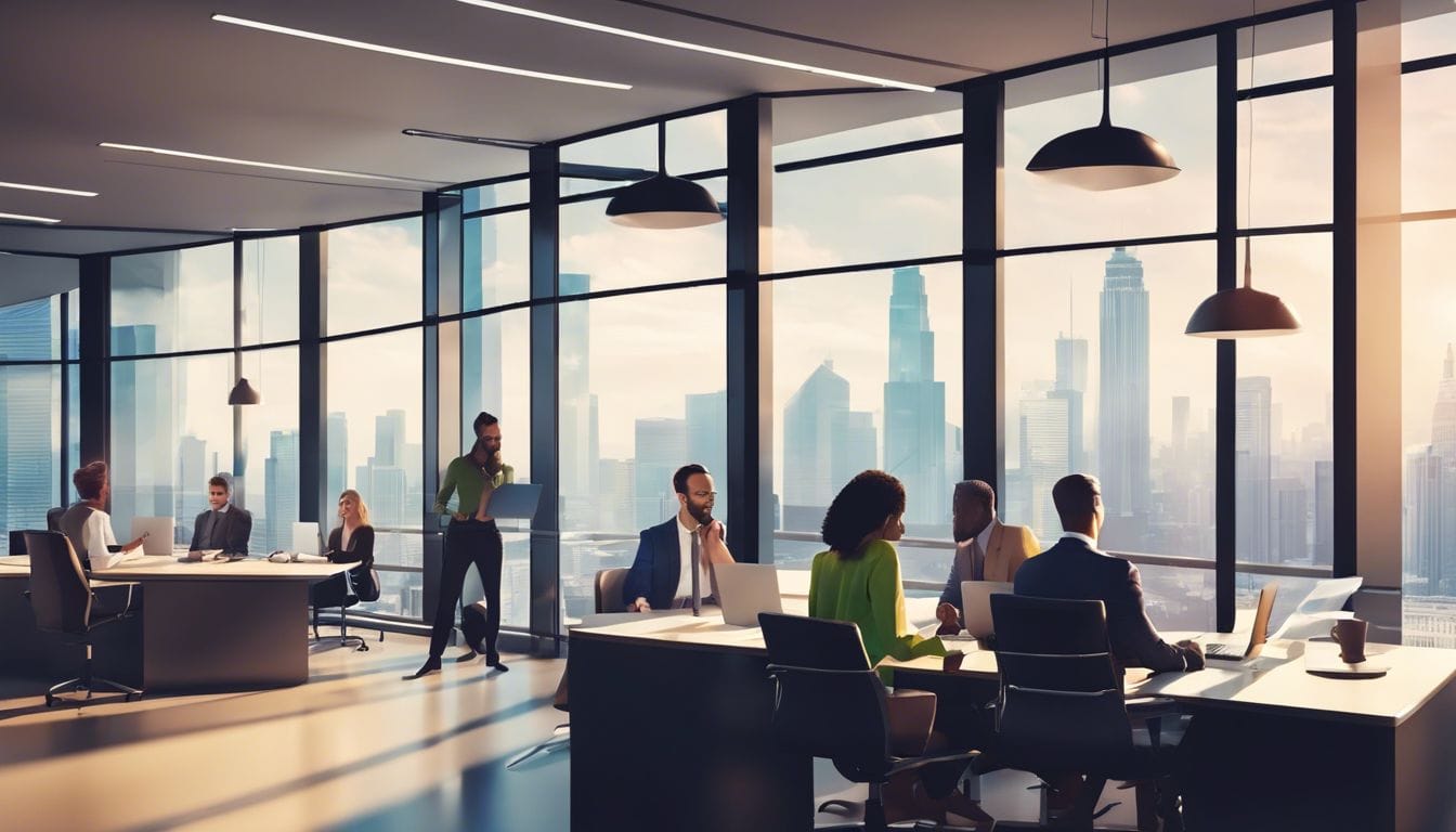 Professionals bespreken projectstatus in een stedelijk kantoor met diversiteit.