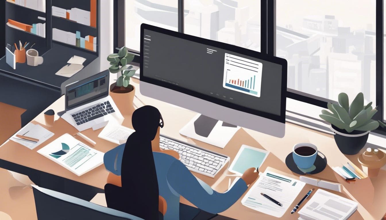 Een persoon gebruikt eenvoudige boekhoudsoftware in een moderne kantooromgeving.