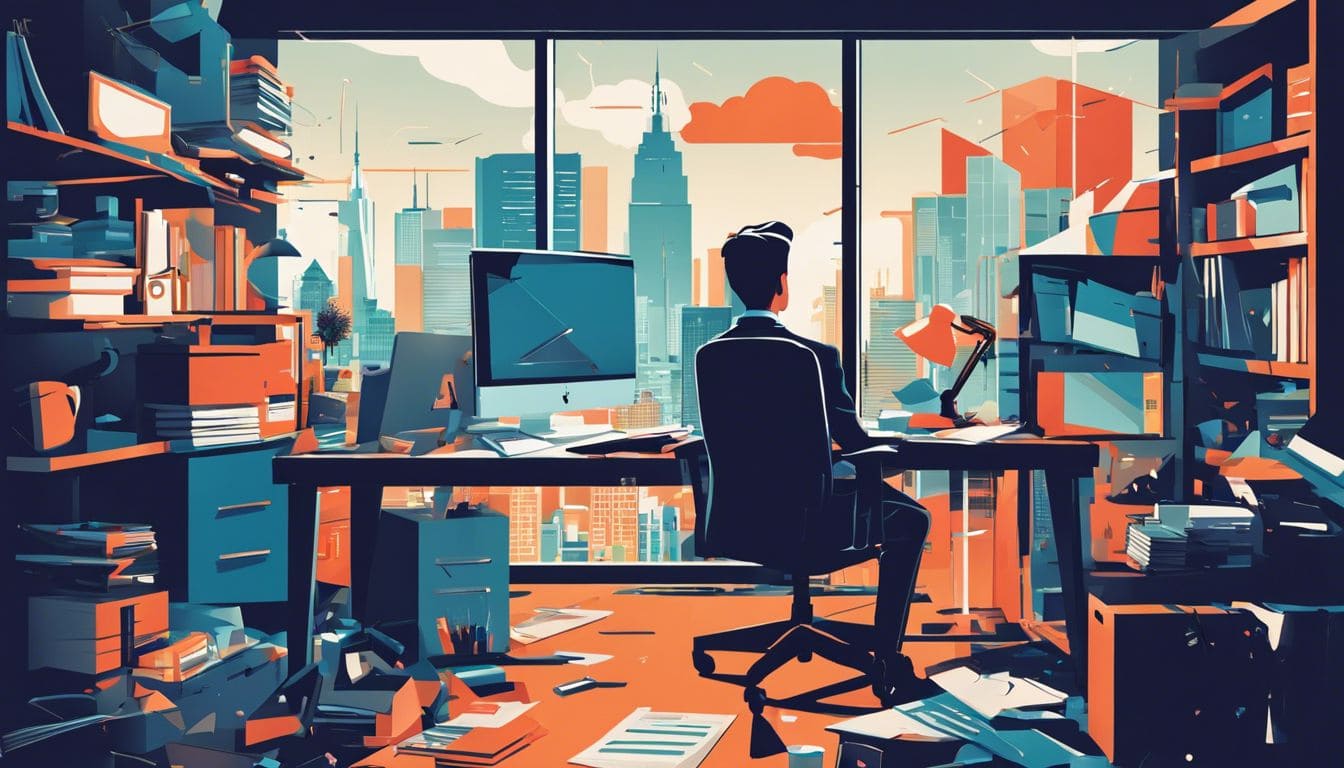 Een persoon zit overweldigd aan een rommelig bureau met moderne kantoorapparatuur.