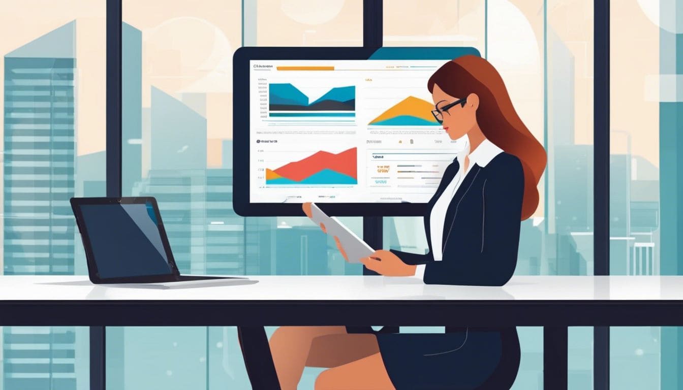 Een professionele vrouw analyseert verkoopgegevens op een moderne tablet in een strak kantoor.