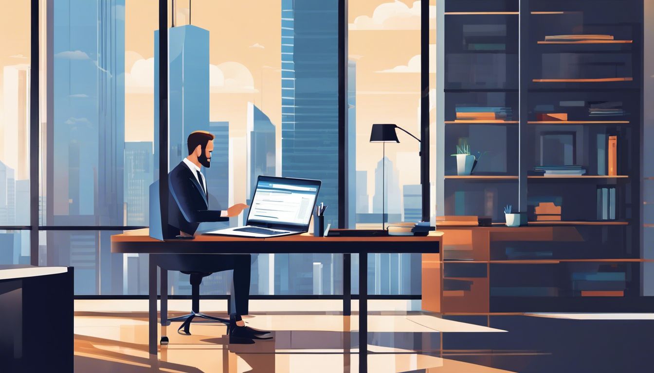 Een vastgoedmanager werkt op een laptop in een modern kantoor.