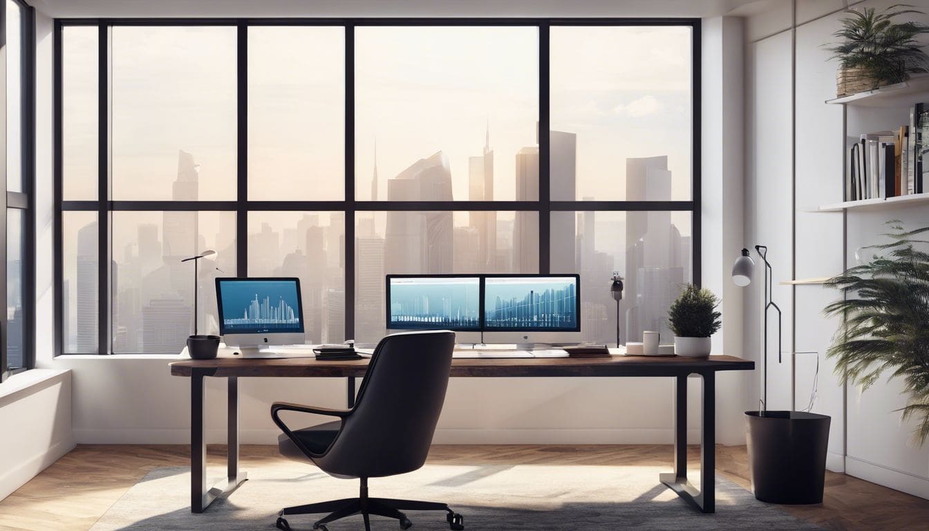 Een modern kantoor met een computer en Elsevier Accounting Software, met uitzicht op de stad.