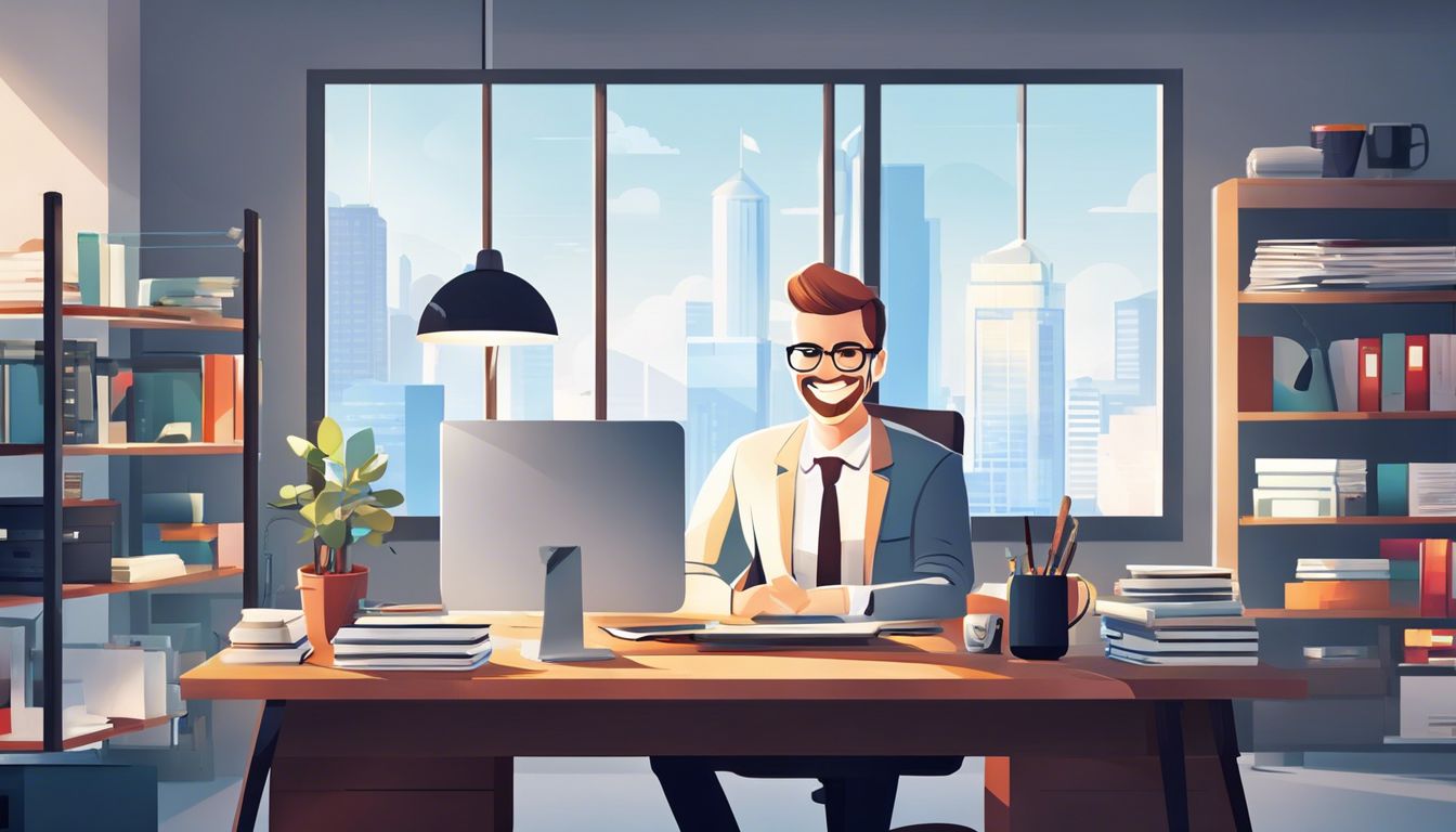 Een lachende zakeneigenaar zit aan een net bureau met financi&euml;le dossiers en stadsgezichten, wat wijst op een georganiseerde en professionele werkruimte met een gevoel van succes en voldoening.