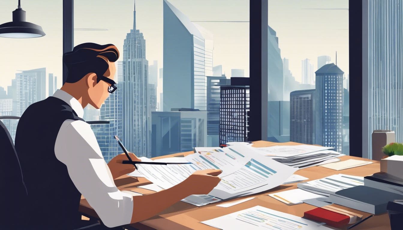 Een zakelijk professional inspecteert financi&euml;le documenten in een modern kantoor.