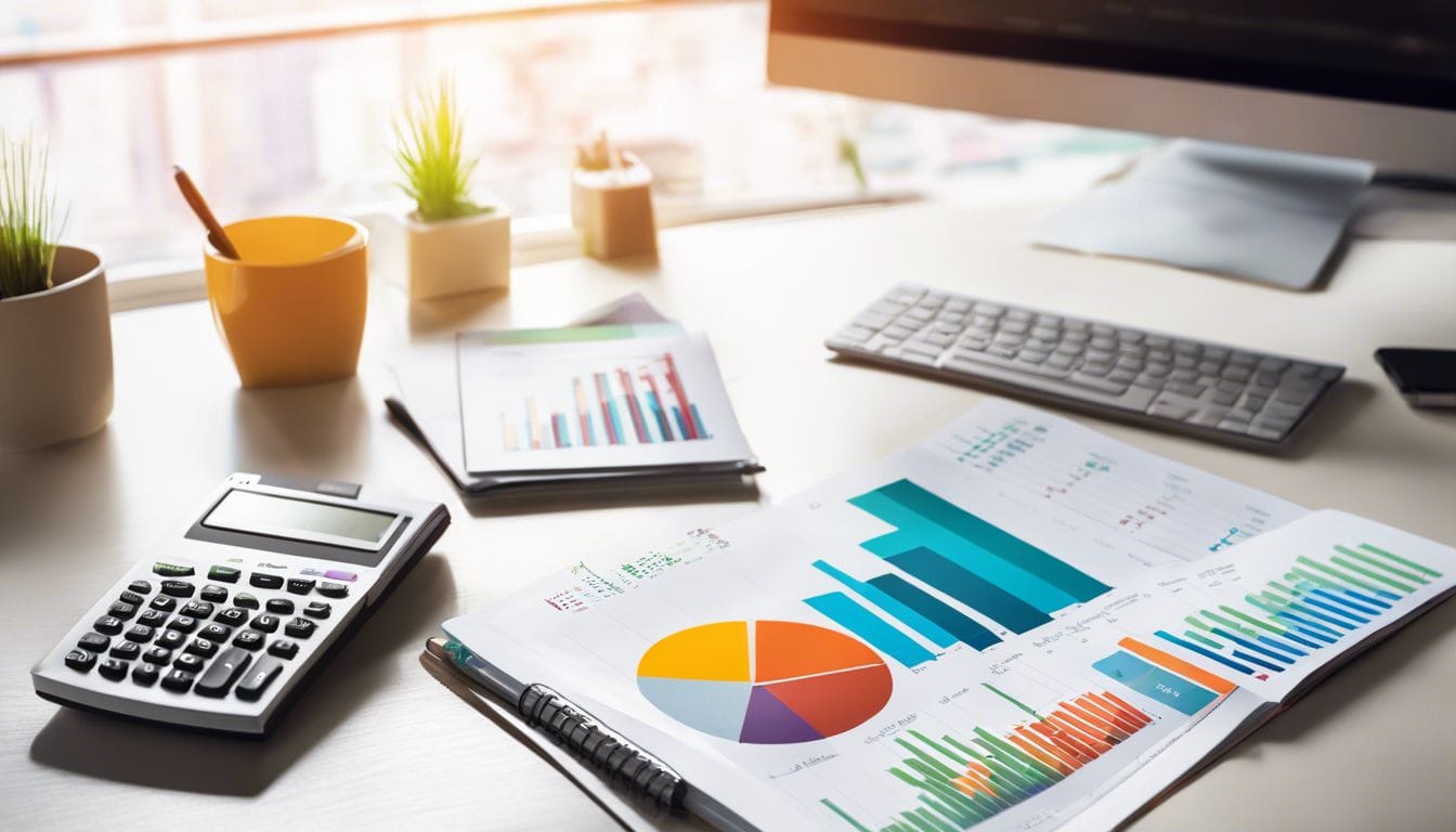 Een opgerichte huishoudboek met kleurrijke financi&euml;le grafieken op een net bureau.