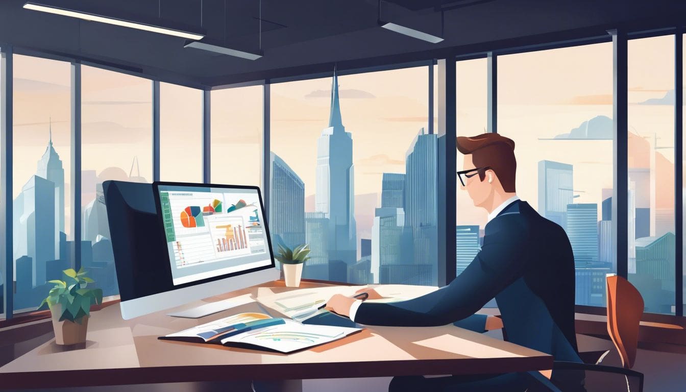 Een bedrijfseigenaar gebruikt boekhoudsoftware op een modern kantoor.