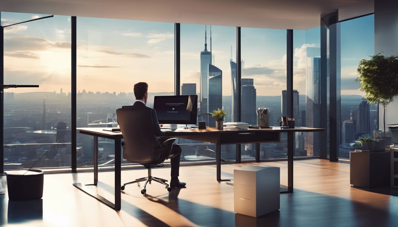 Een bedrijfseigenaar bekijkt financi&euml;le rapporten in een modern kantoor met stadsgezichten.