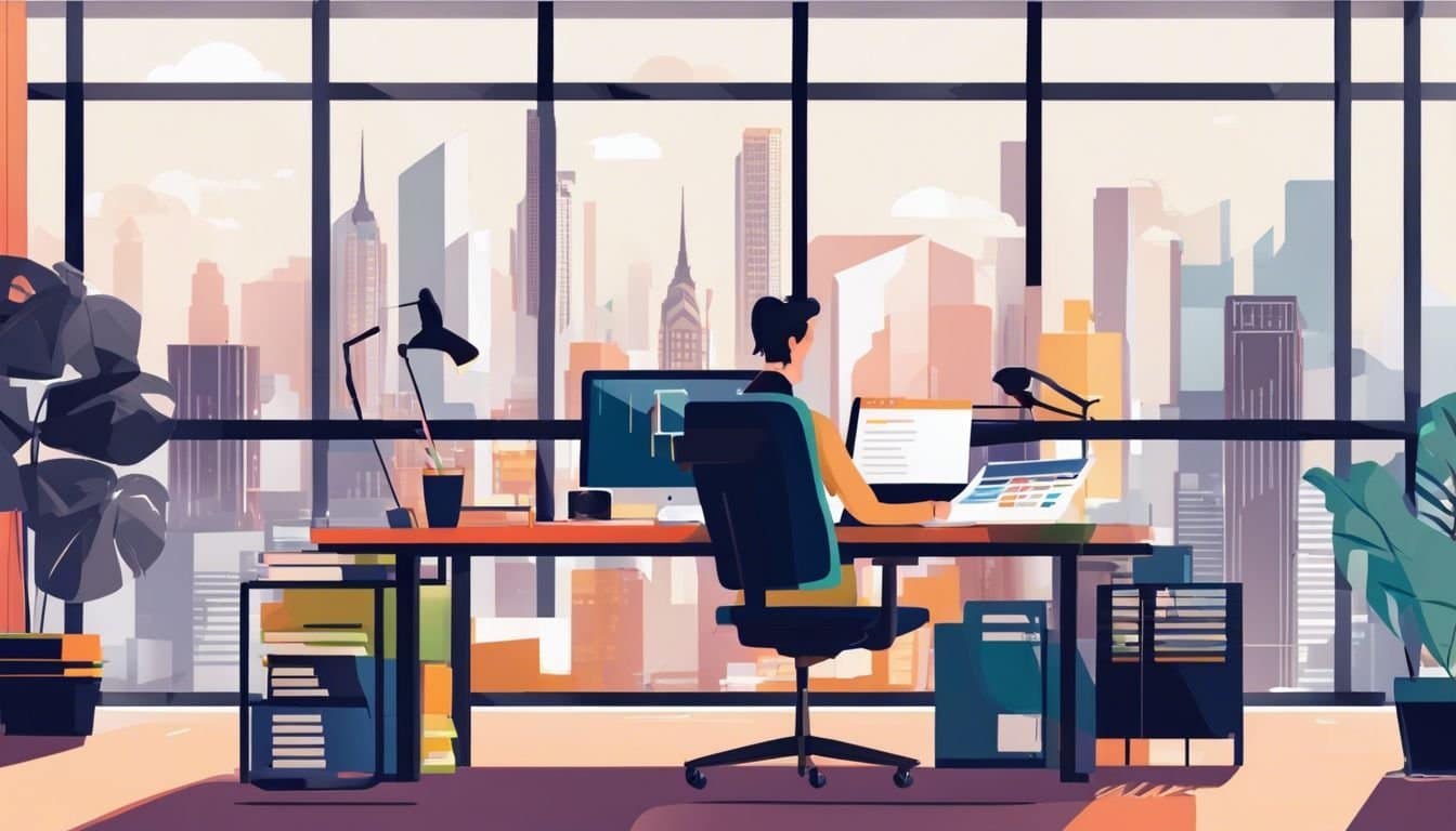 Een bedrijfseigenaar gebruikt tevreden boekhoudsoftware in een moderne kantooromgeving.