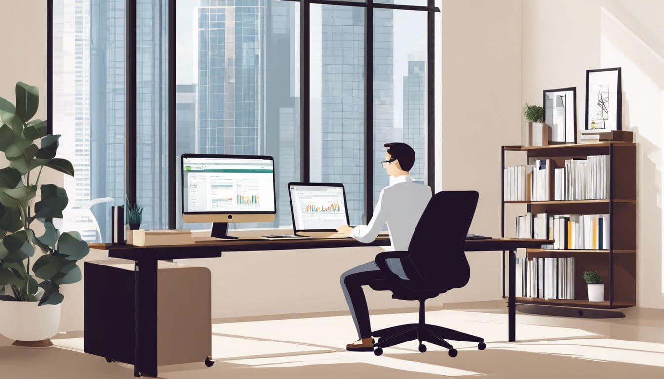 Een persoon gebruikt online boekhoudsoftware in een moderne, georganiseerde werkruimte.