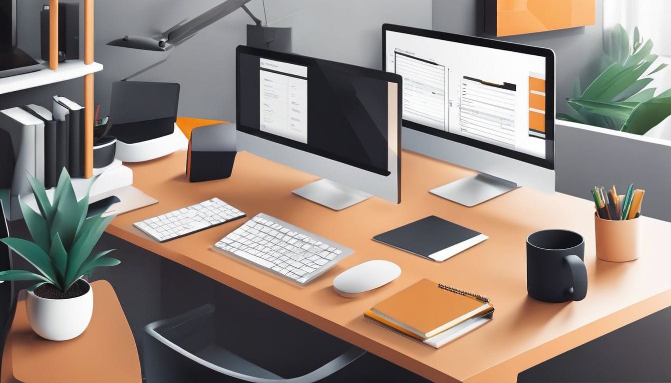 Een opgeruimd bureau met computer in een modern kantoor.