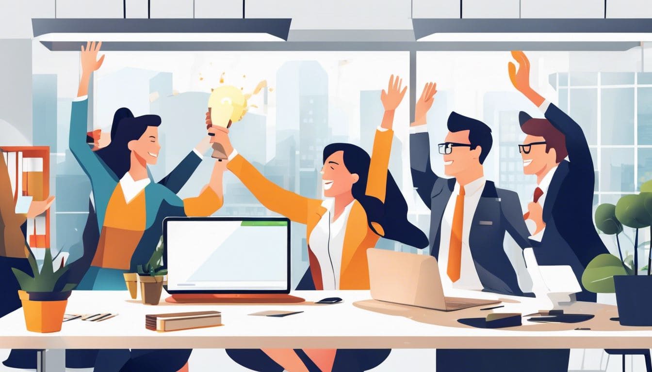 Een team van kantoormedewerkers viert en geeft high-fives over een laptop.