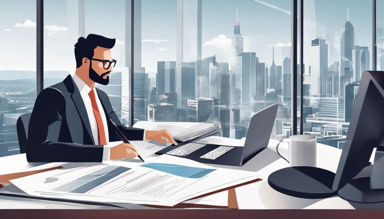 Een professionele accountant analyseert financi&euml;le gegevens in een modern kantoor.