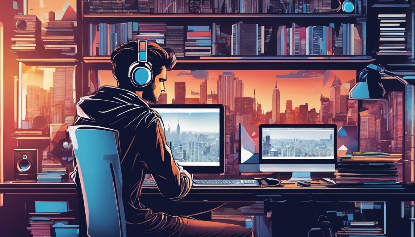 Een persoon werkt aan een bureau omringd door muziek- en technologiegerelateerde items en stadsfotografie.