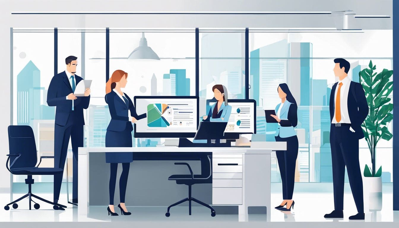 Een professioneel team dat gespecialiseerd is in financi&euml;le administratie, werkend in een moderne kantooromgeving.