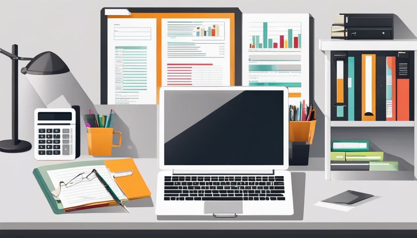 Een netjes georganiseerd bureau met calculator, papierwerk en laptop in een heldere en moderne kantooromgeving. Een netjes georganiseerd bureau met calculator, papierwerk en laptop in een heldere en moderne kantooromgeving.