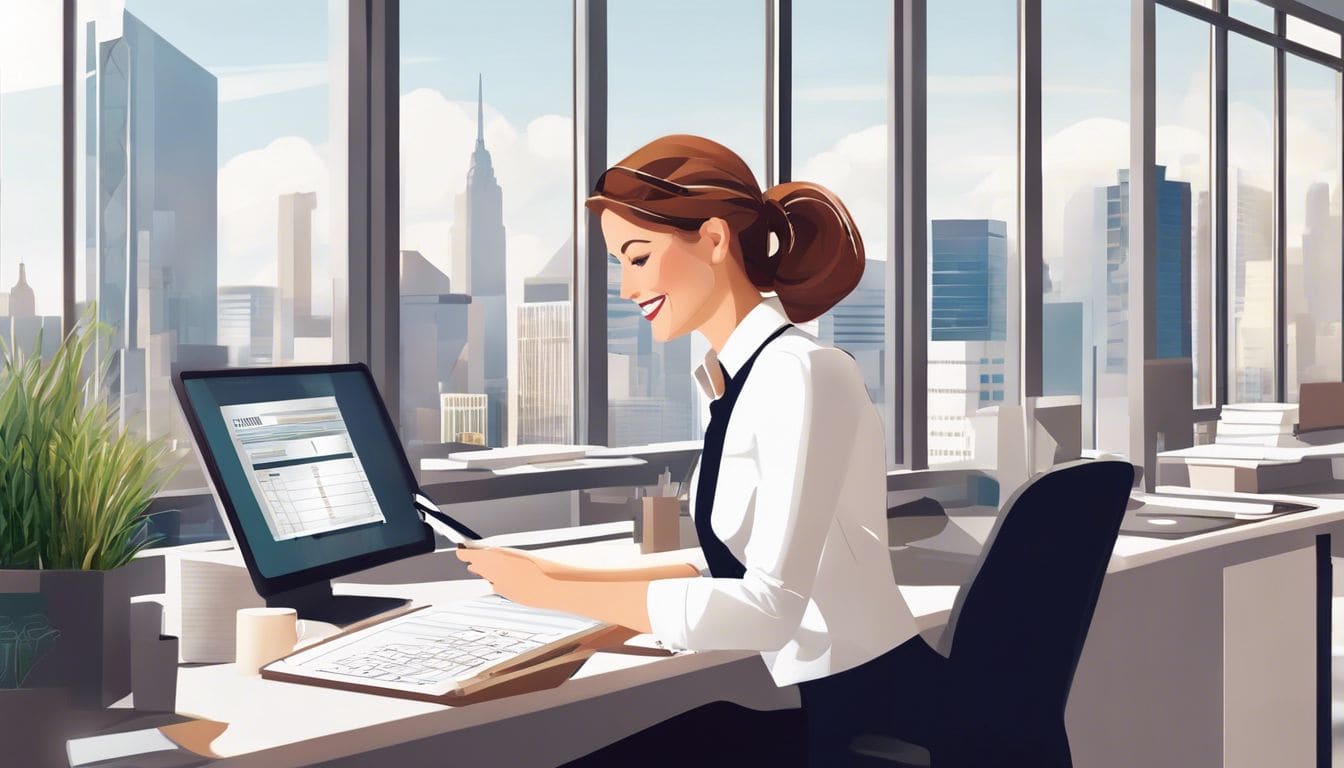 Een glimlachende vrouwelijke accountant die Joekie boekhoudsoftware gebruikt in een georganiseerd kantoor.