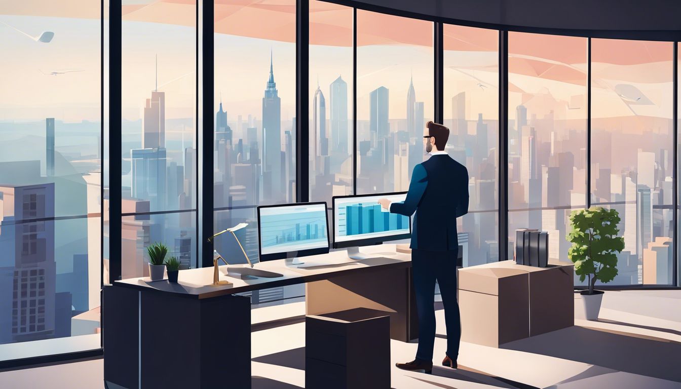 Een zakeneigenaar organiseert zelfverzekerd financi&euml;n in een modern kantoor met uitzicht op de stad.