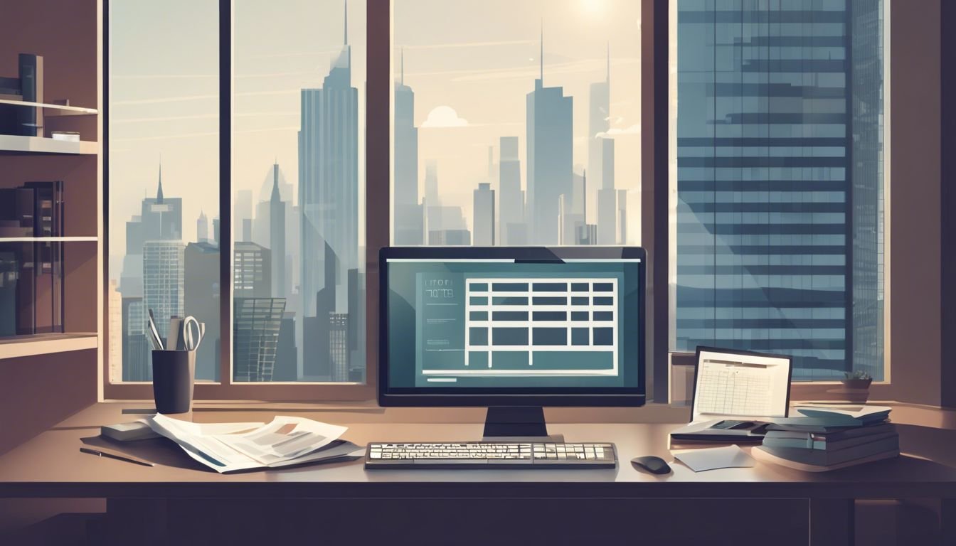 Een modern kantoor bureau met computer, financi&euml;le documenten en stadsgezicht.