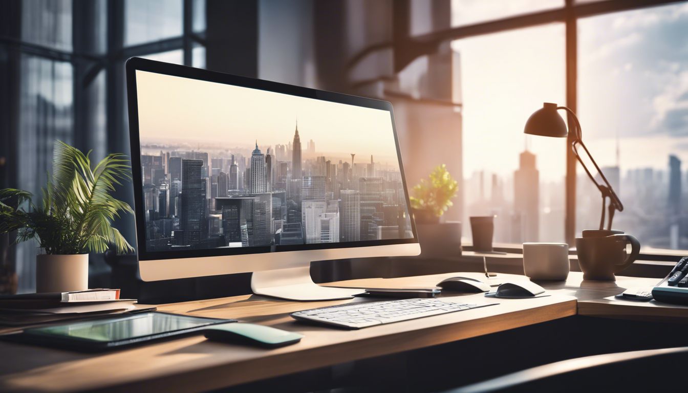 Een opgeruimd bureau met moderne technologie en stadsgezichten.