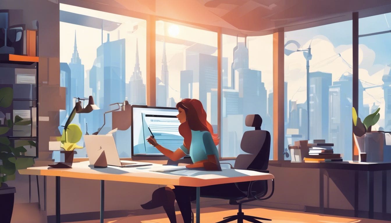 Een zelfstandige aan het werk op zijn rommelige bureau met boekhoudsoftware.