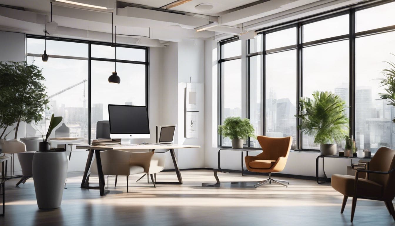 Een kleine ondernemer gebruikt open-source boekhoudsoftware op een laptop in een moderne kantooromgeving.