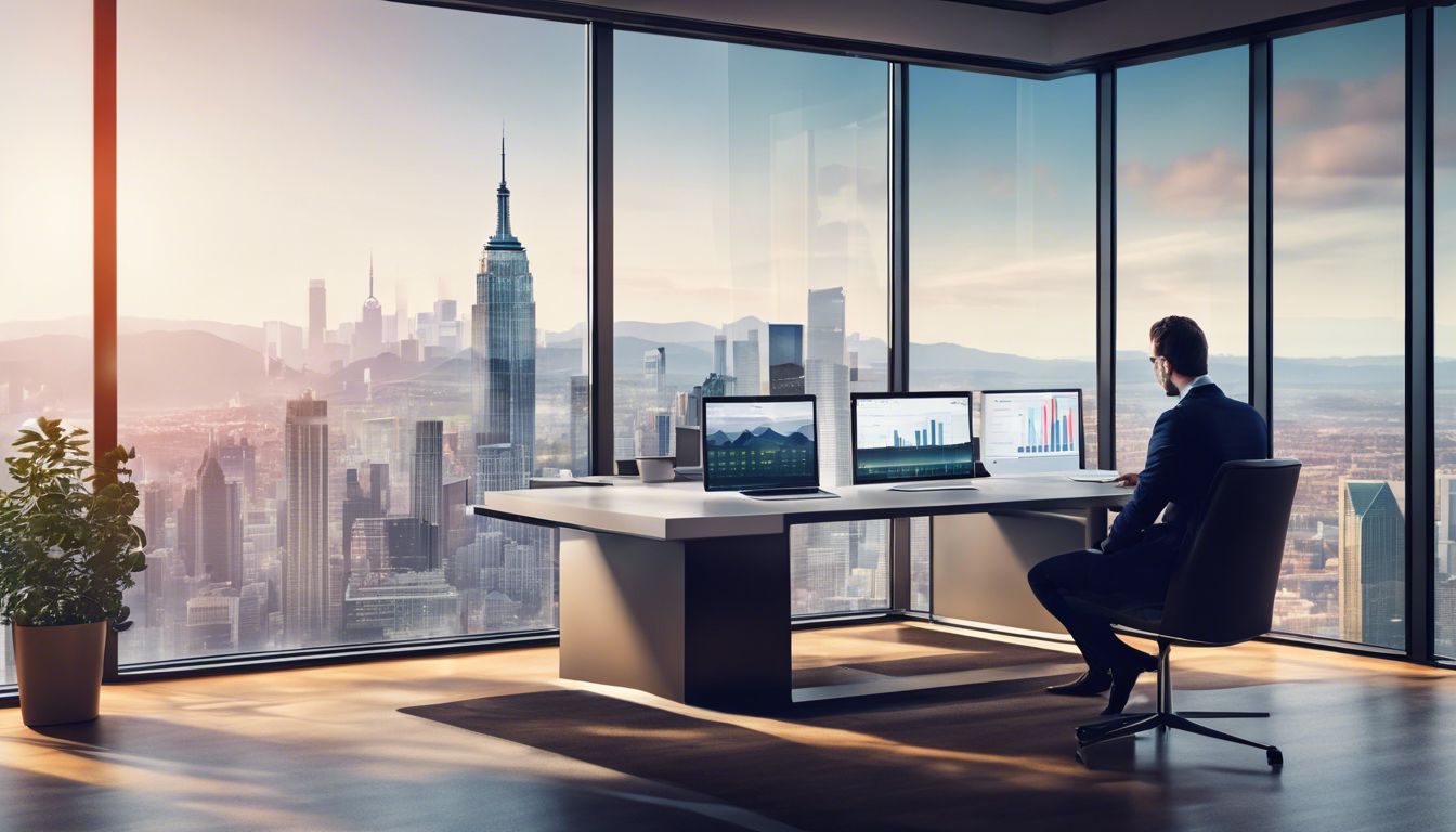 Een bedrijfseigenaar bekijkt real-time financiële rapporten in een moderne kantooromgeving. Een bedrijfseigenaar bekijkt real-time financiële rapporten in een moderne kantooromgeving.