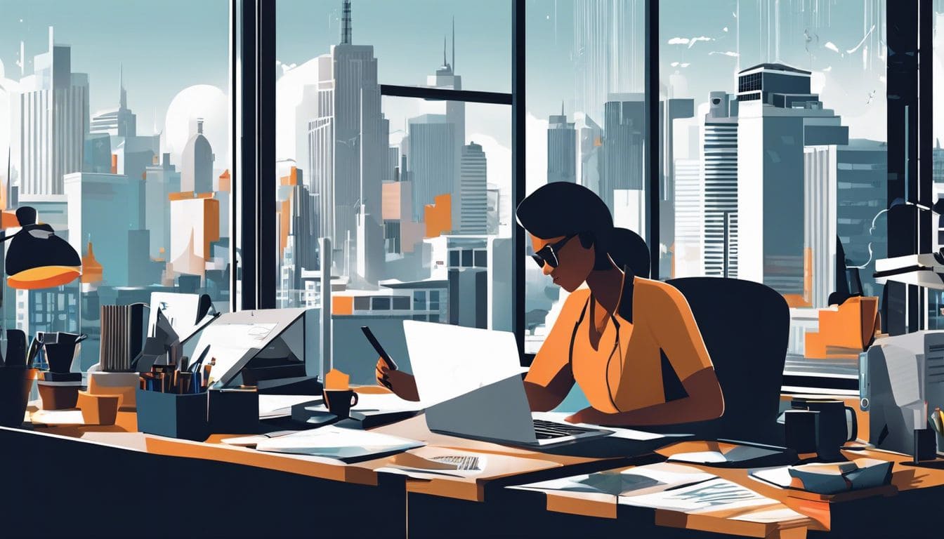 Een drukke ondernemer werkt op een rommelig bureau in de stad.