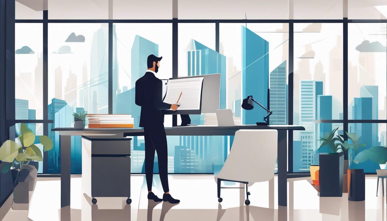 Een zakelijke eigenaar organiseert papierwerk aan een modern bureau.