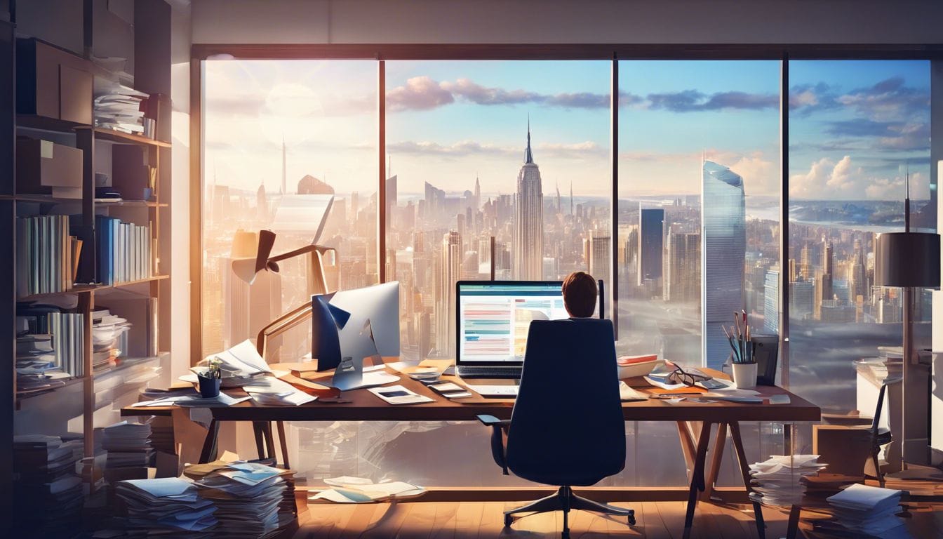 Een persoon zit geconcentreerd aan een opgeruimd thuiskantoor met financi&euml;le documenten.