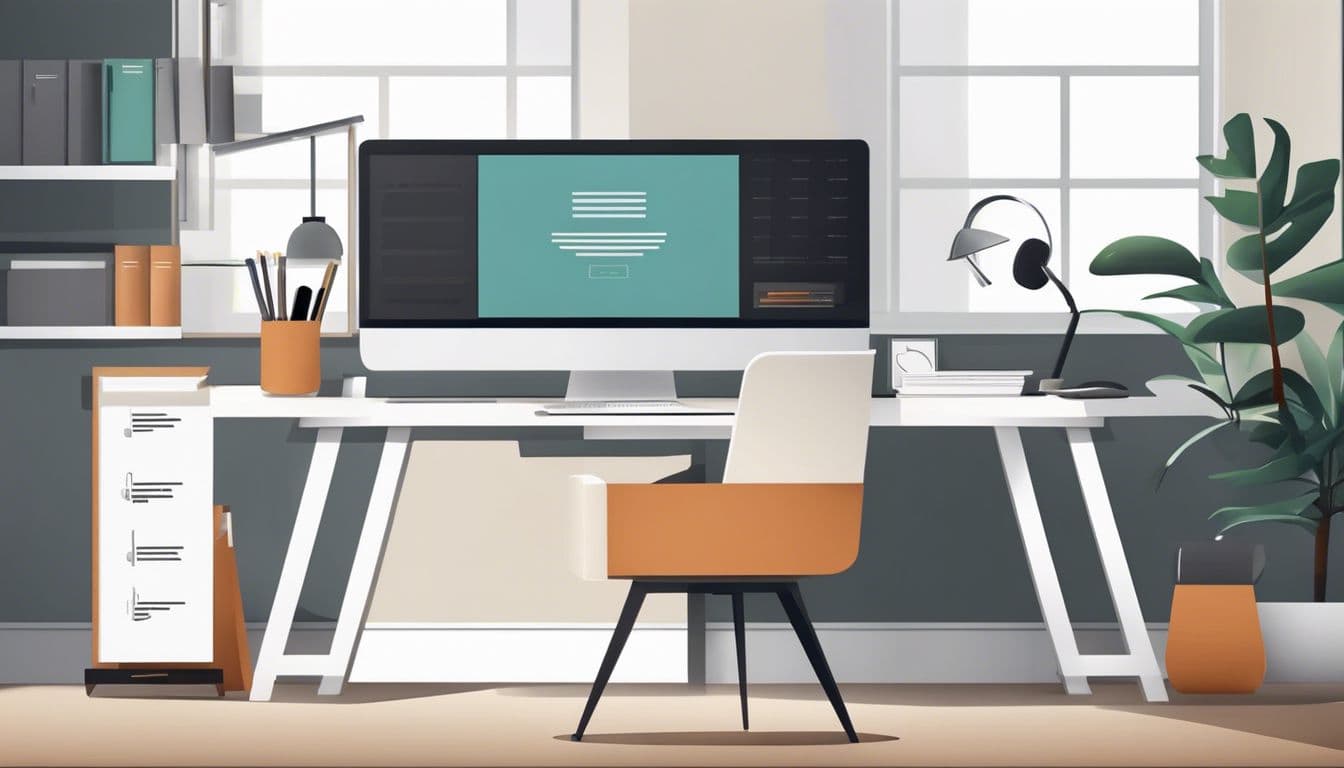 Een opgeruimd kantoor met moderne inrichting en minimalistische decoratie. Een opgeruimd kantoor met moderne inrichting en minimalistische decoratie.