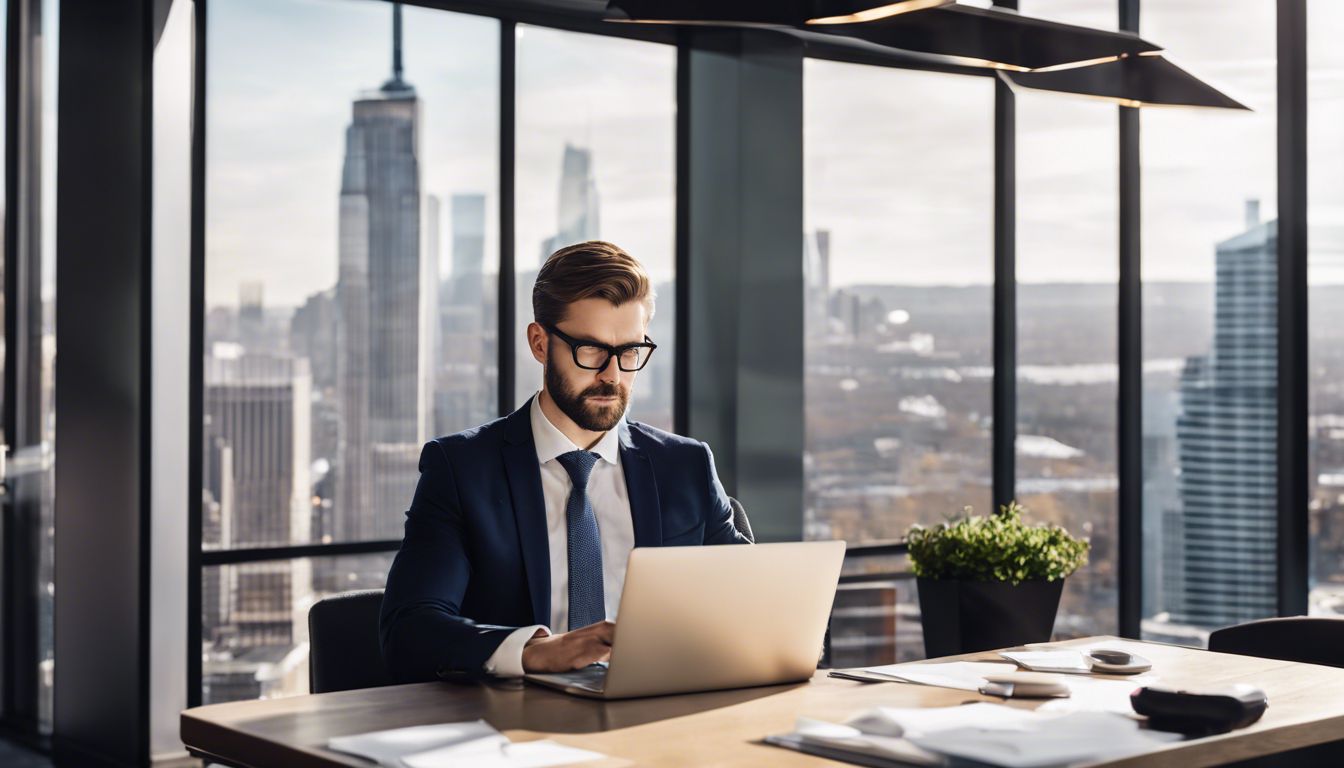 Een kleine ondernemer bekijkt financi&euml;le gegevens op een laptop in een modern kantoor.