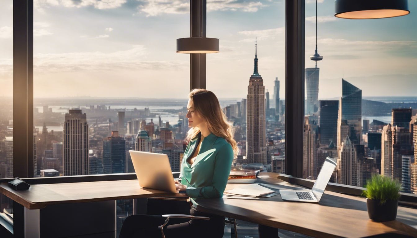 Een kleine bedrijfseigenaar gebruikt Zoho Boekhoudsoftware op een laptop in een modern kantoor met uitzicht op de stad.